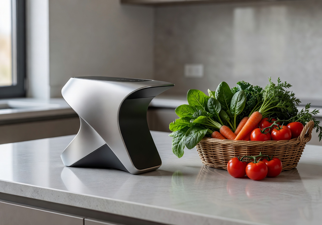 Abstract modern appliance sitting on a kitchen counter next to organic vegetables