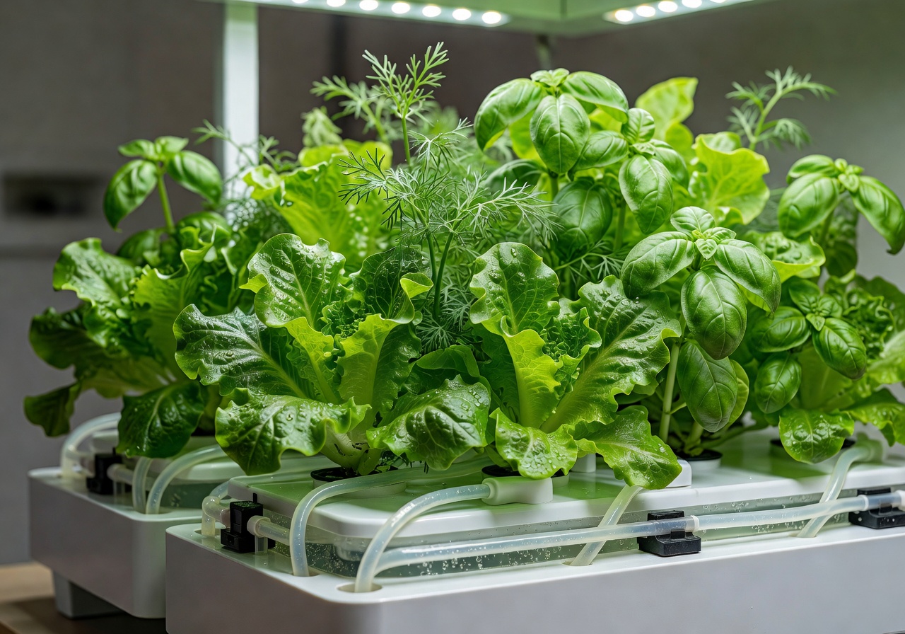 Close up of lush green plants growing in an indoor automated hydroponic setup
