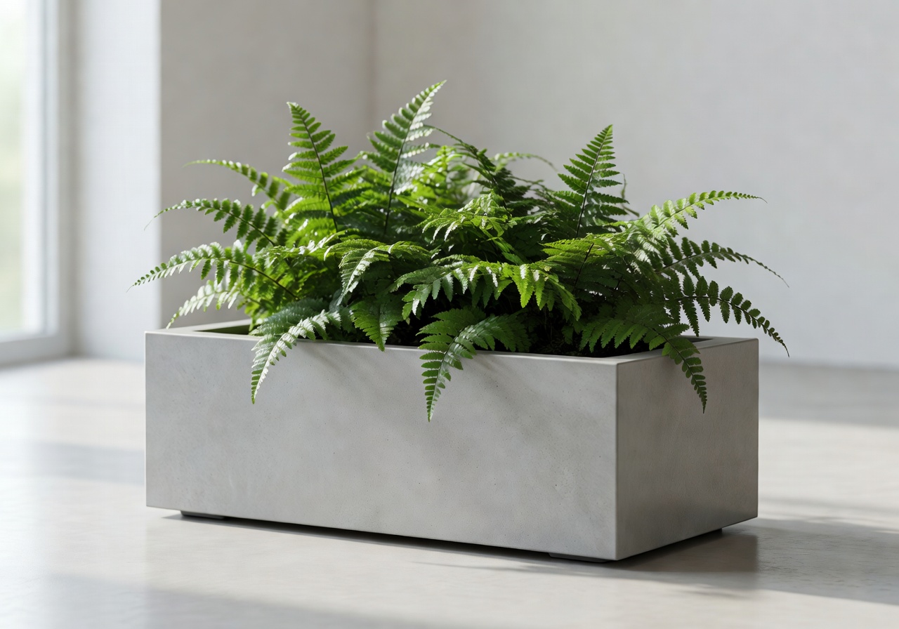 Sleek, modern minimalist smart planter with lush green ferns growing out of it