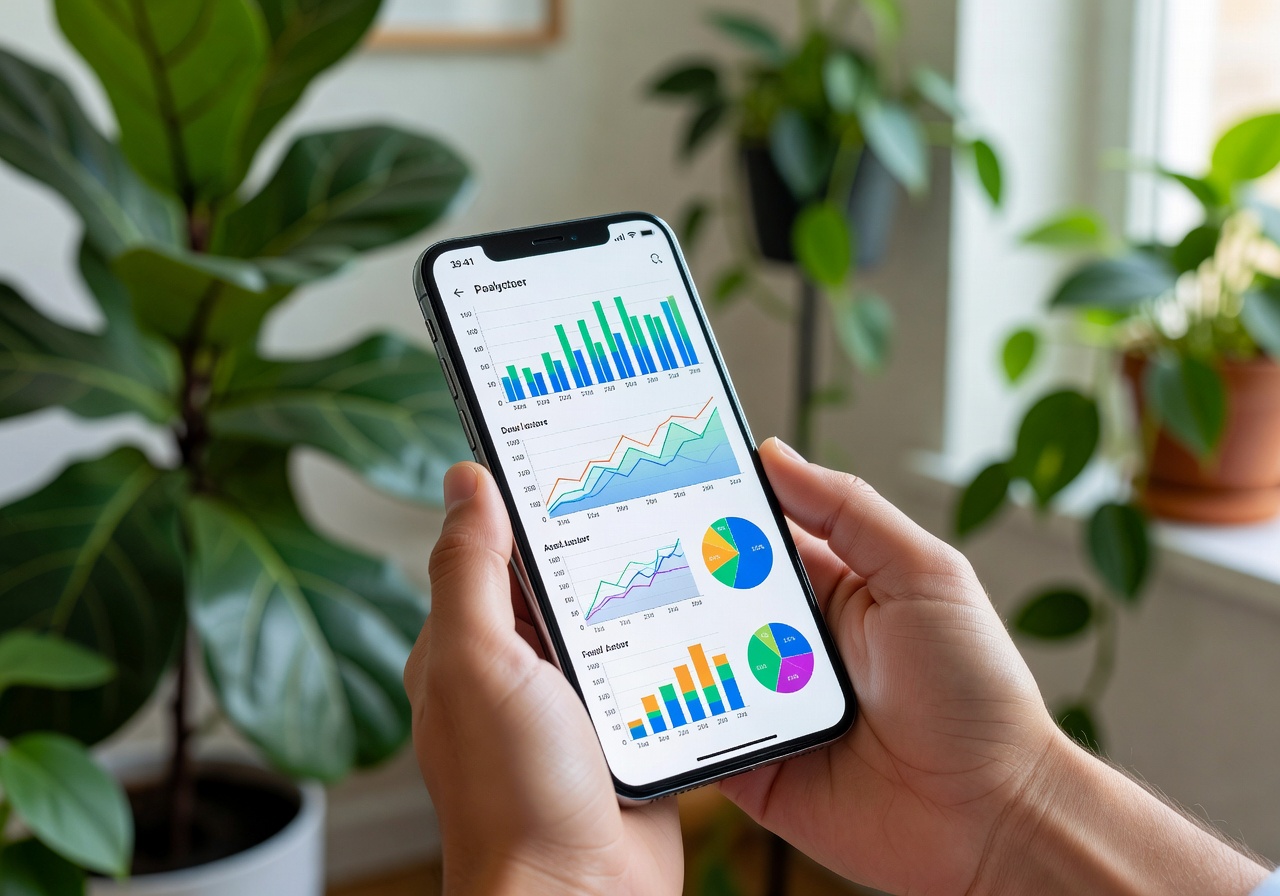 Smartphone displaying data analytics held by a person with plants in the background