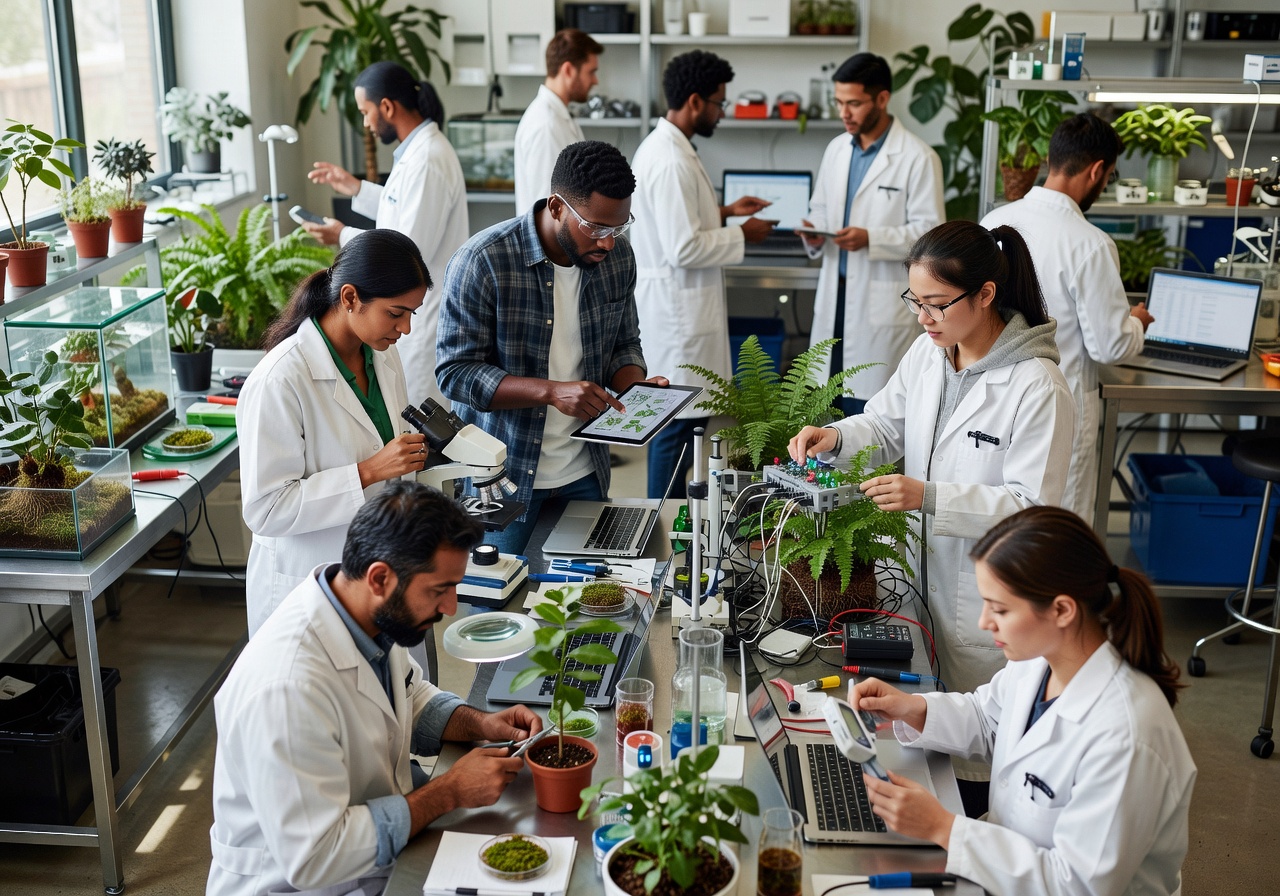 Team of diverse engineers and botanists working in a bright indoor lab setting